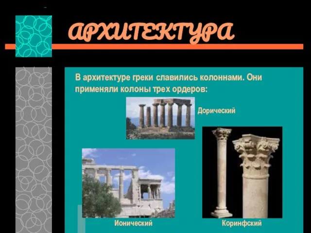 АРХИТЕКТУРА В архитектуре греки славились колоннами. Они применяли колоны трех ордеров: