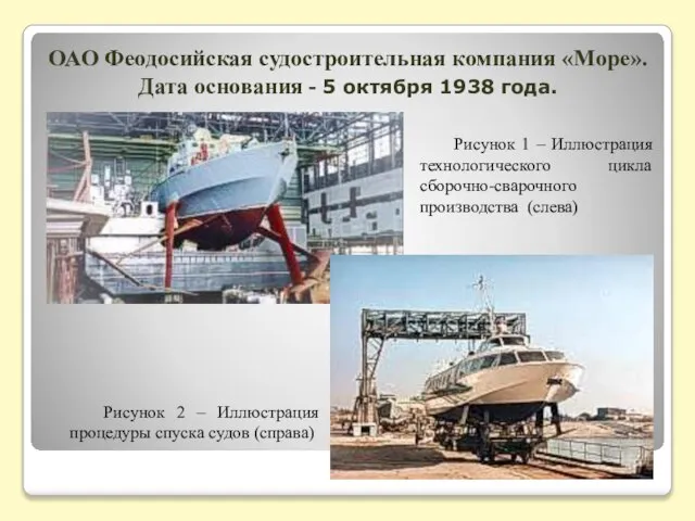 ОАО Феодосийская судостроительная компания «Море». Дата основания - 5 октября 1938 года.