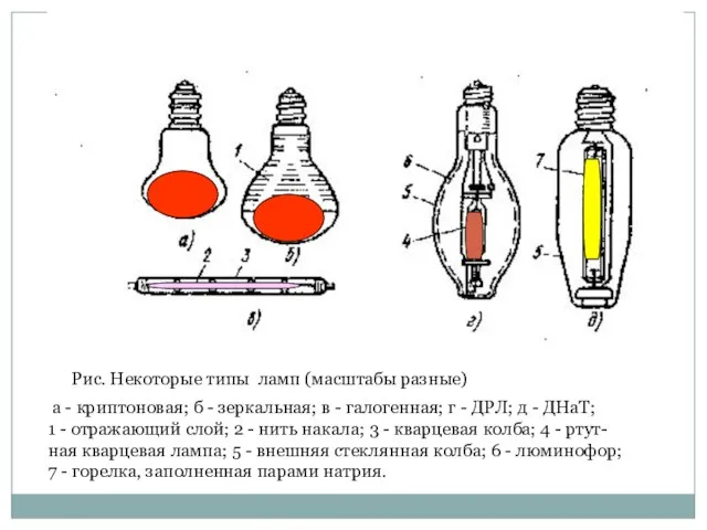 Рис. Некоторые типы ламп (масштабы разные) а - криптоновая; б - зеркальная;
