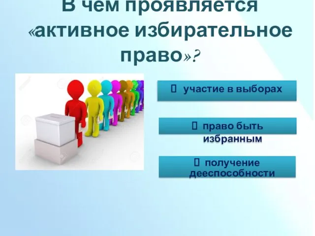 В чем проявляется «активное избирательное право»? участие в выборах право быть избранным получение дееспособности