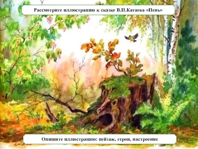 Рассмотрите иллюстрацию к сказке В.П.Катаева «Пень» Опишите иллюстрацию: пейзаж, герои, настроение