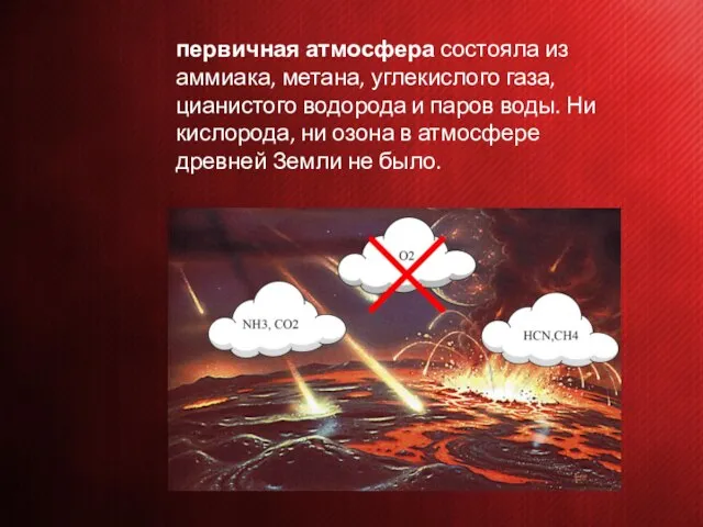 первичная атмосфера состояла из аммиака, метана, углекислого газа, цианистого водорода и паров