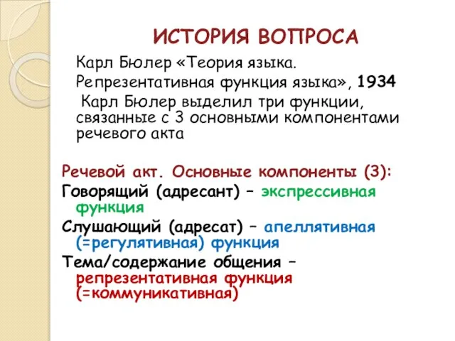 ИСТОРИЯ ВОПРОСА Карл Бюлер «Теория языка. Репрезентативная функция языка», 1934 Карл Бюлер