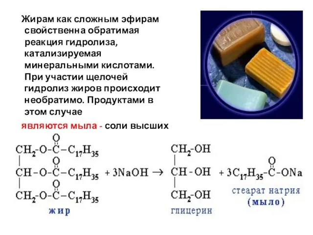 Жирам как сложным эфирам свойственна обратимая реакция гидролиза, катализируемая минеральными кислотами. При