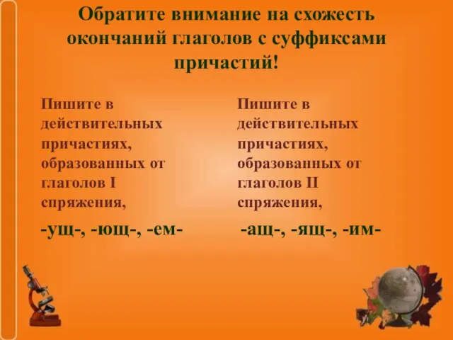 Обратите внимание на схожесть окончаний глаголов с суффиксами причастий! Пишите в действительных