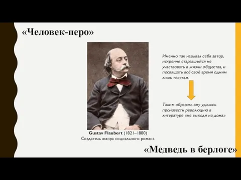 Gustav Flaubert (1821–1880) Создатель жанра социального романа «Человек-перо» «Медведь в берлоге» Именно