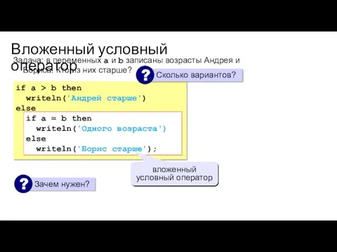 Вложенный условный оператор if a > b then writeln('Андрей старше') else if