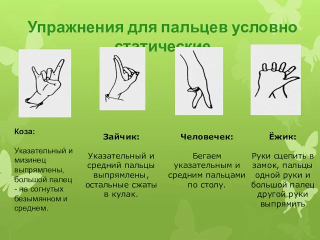 Упражнения для пальцев условно статические Коза: Указательный и мизинец выпрямлены, большой палец