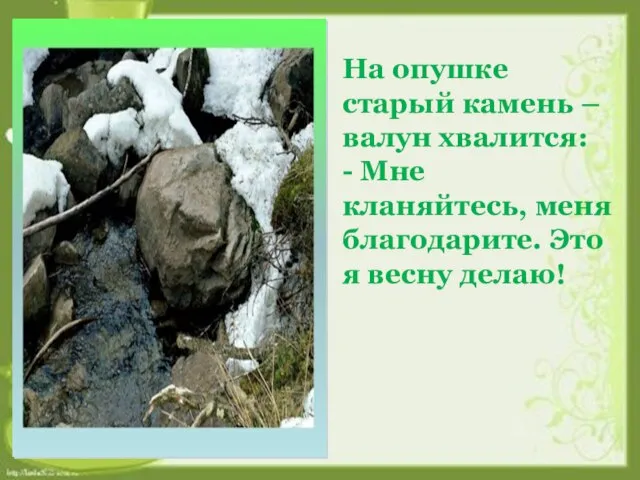 На опушке старый камень – валун хвалится: - Мне кланяйтесь, меня благодарите. Это я весну делаю!