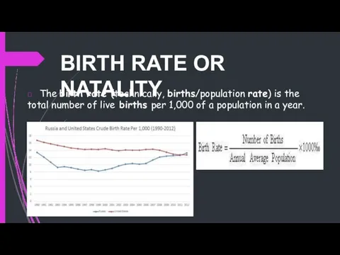 BIRTH RATE OR NATALITY  The birth rate (technically, births/population rate) is