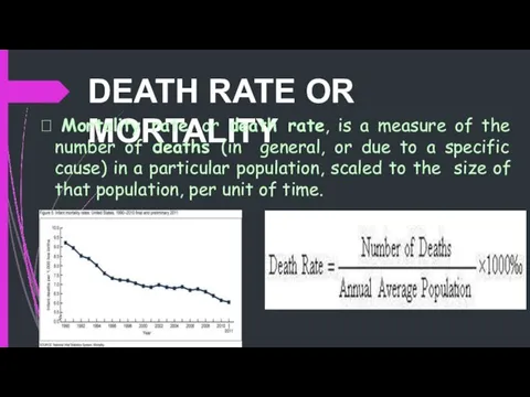 DEATH RATE OR MORTALITY  Mortality rate, or death rate, is a