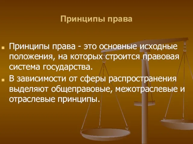 Принципы права Принципы права - это основные исходные положения, на которых строится