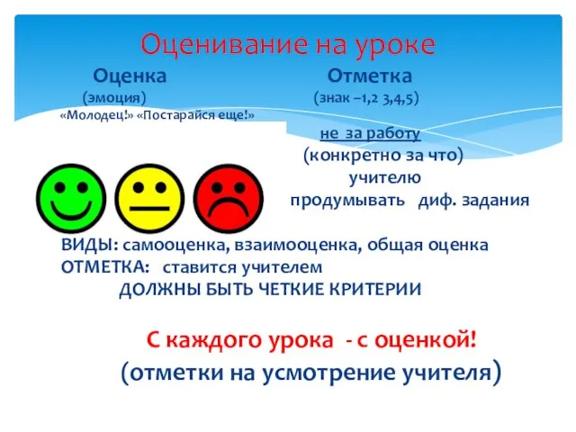 Оценка Отметка (эмоция) (знак –1,2 3,4,5) «Молодец!» «Постарайся еще!» не за работу