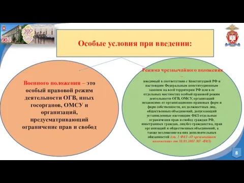 Особые условия при введении: Военного положения – это особый правовой режим деятельности