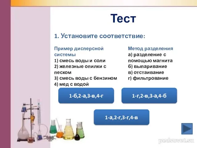 Тест 1. Установите соответствие: Пример дисперсной системы 1) смесь воды и соли
