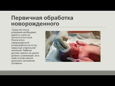 Первичная обработка новорожденного Сразу же после рождения необходимо удалить слизь из полости