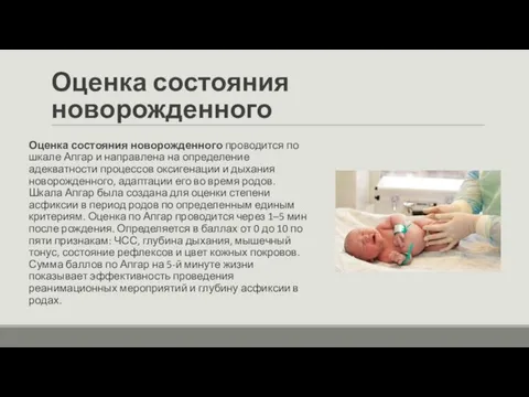 Оценка состояния новорожденного Оценка состояния новорожденного проводится по шкале Апгар и направлена