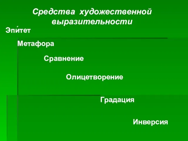 Средства художественной выразительности Инверсия Градация Метафора Эпи́тет Сравнение Олицетворение