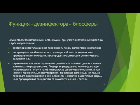 Функция «дезинфектора» биосферы Осуществляется почвенными организмами при участии почвенных животных в трёх