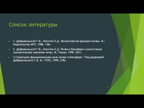 Список литературы 1. Добровольский Г.В., Никитин Е.Д. Экологические функции почвы. М.: Издательство