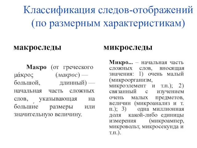 Классификация следов-отображений (по размерным характеристикам) макроследы Макро (от греческого μάκρος (макрос) —