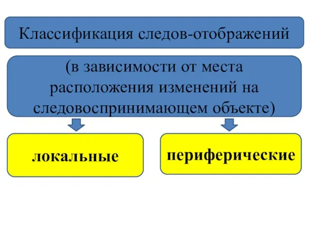 Классификация следов-отображений (в зависимости от места расположения изменений на следовоспринимающем объекте) локальные периферические