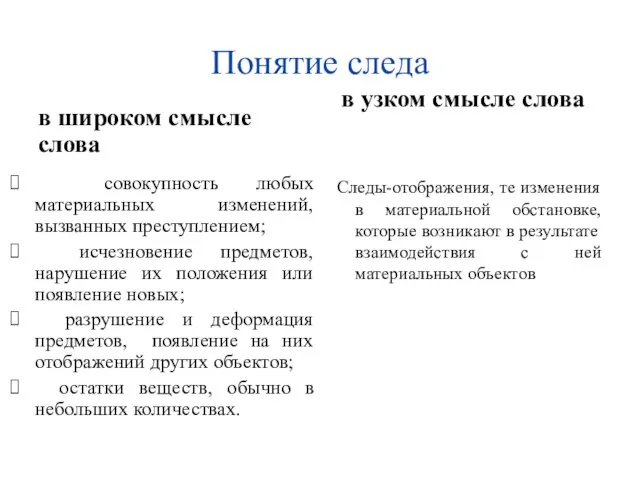 Понятие следа в широком смысле слова совокупность любых материальных изменений, вызванных преступлением;