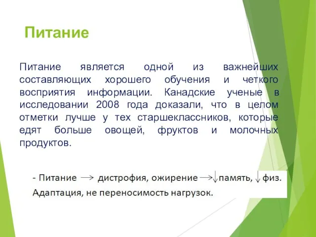 Питание Питание является одной из важнейших составляющих хорошего обучения и четкого восприятия