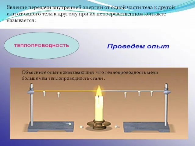 Объясните опыт показывающий что теплопроводность меди больше чем теплопроводность стали . Явление