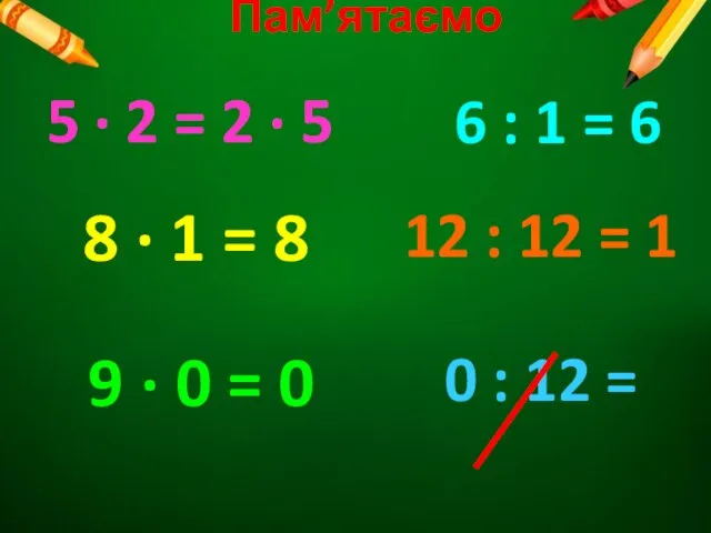 Пам’ятаємо 5 · 2 = 2 · 5 8 · 1 =