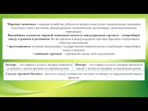 Мировая экономика – мировое хозяйство, субъектом которого выступают национальные экономики отдельных стран