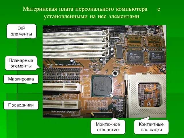 Материнская плата персонального компьютера с установленными на нее элементами DIP элементы Планарные