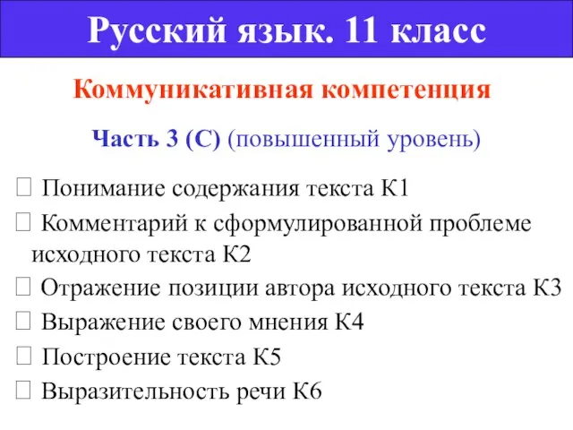 Коммуникативная компетенция Часть 3 (С) (повышенный уровень) Русский язык. 11 класс 