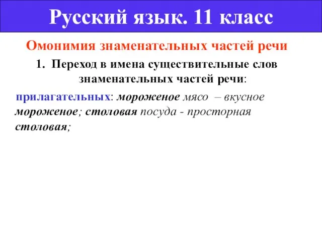 Омонимия знаменательных частей речи 1. Переход в имена существительные слов знаменательных частей