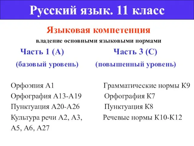 Языковая компетенция владение основными языковыми нормами Часть 1 (А) Часть 3 (С)