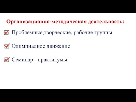 Организационно-методическая деятельность: Проблемные,творческие, рабочие группы Олимпиадное движение Семинар - практикумы