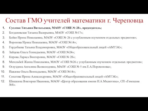 Состав ГМО учителей математики г. Череповца Суслова Татьяна Витальевна, МАОУ «СОШ №