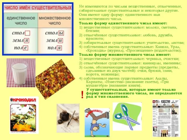 Не изменяются по числам вещественные, отвлеченные, собирательные существительные и некоторые другие. Они