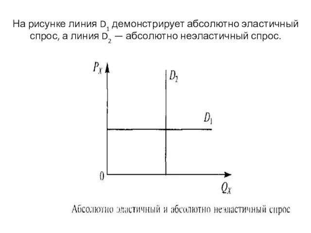 На рисунке линия D1 демонстрирует абсолютно эластичный спрос, а линия D2 — абсолютно неэластичный спрос.