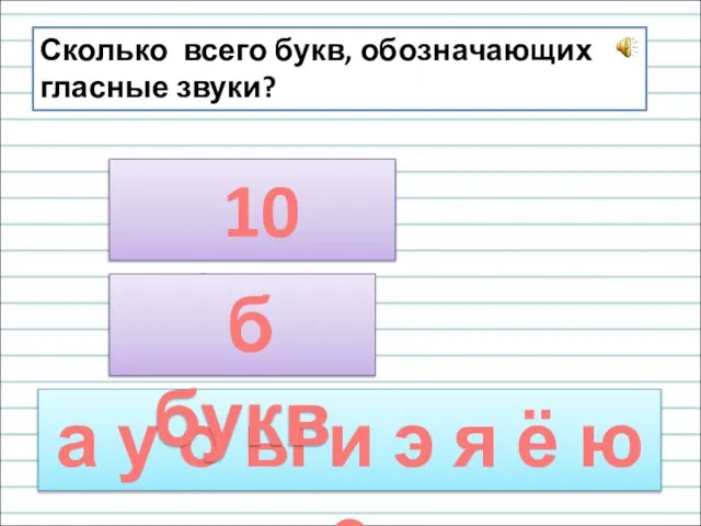 Сколько всего букв, обозначающих гласные звуки? 10 букв а у о ы