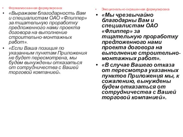 Формализованная формулировка: «Выражаем благодарность Вам и специалистам ОАО «Флиппер» за тщательную проработку