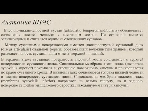 Анатомия ВНЧС Височно-нижнечелюстной сустав (artikulatio temporomandibularis) обеспечивает сочленение нижней челюсти с височнойм