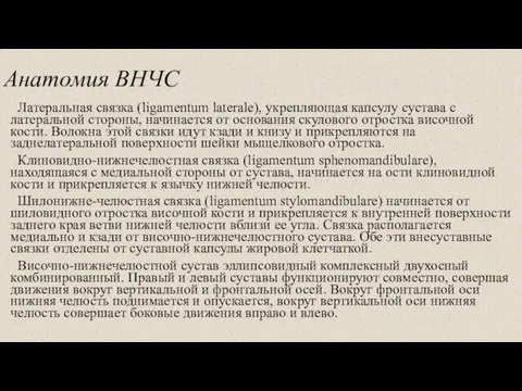 Анатомия ВНЧС Латеральная связка (ligamentum laterale), укрепляющая капсулу сустава с латеральной стороны,