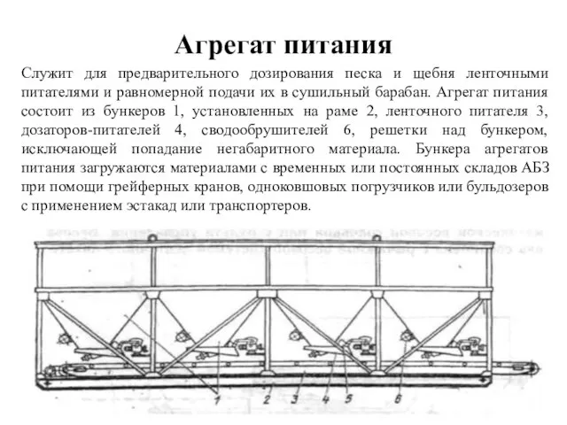 Агрегат питания Служит для предварительного дозирования песка и щебня ленточными питателями и