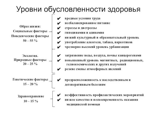 Уровни обусловленности здоровья Образ жизни: Социальные факторы Поведенческие факторы 50 – 55