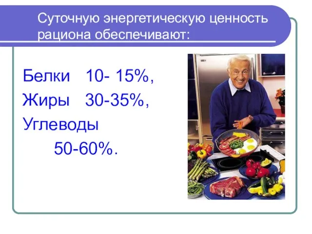 Суточную энергетическую ценность рациона обеспечивают: Белки 10- 15%, Жиры 30-35%, Углеводы 50-60%.