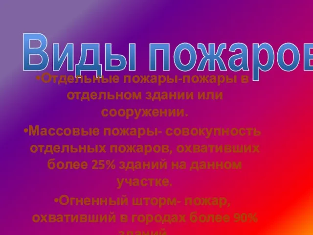 Виды пожаров: Отдельные пожары-пожары в отдельном здании или сооружении. Массовые пожары- совокупность