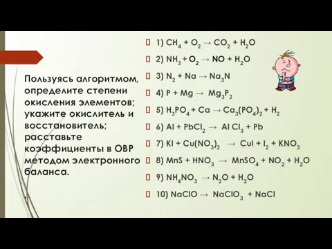 Пользуясь алгоритмом, определите степени окисления элементов; укажите окислитель и восстановитель; расставьте коэффициенты