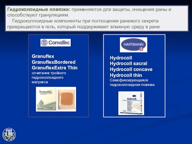 Гидроколоидные повязки: применяются для защиты, очищения раны и способствуют грануляциям. Гидроколлоидные компоненты