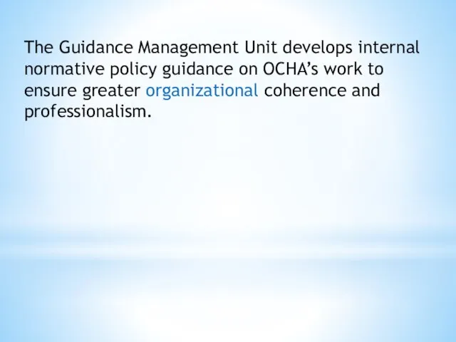 The Guidance Management Unit develops internal normative policy guidance on OCHA’s work